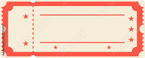 Retro blank admission ticket template with red border, perforation and star icons. Empty coupon for cinema, theater, or raffle events. Flat style. Editable vector illustration.