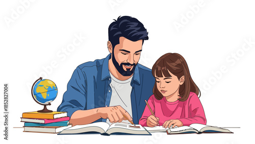 Father and daughter studying at a desk with books and a globe