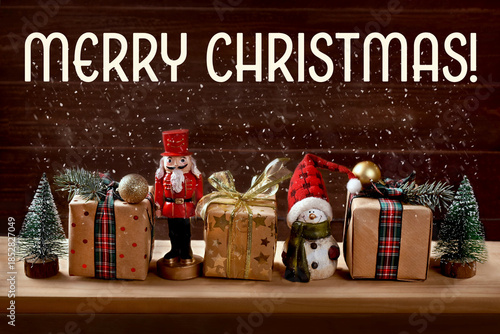 Christmas presents and decors on a wooden shelf with wishes