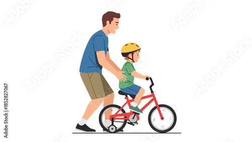 Father teaching child to ride a bicycle