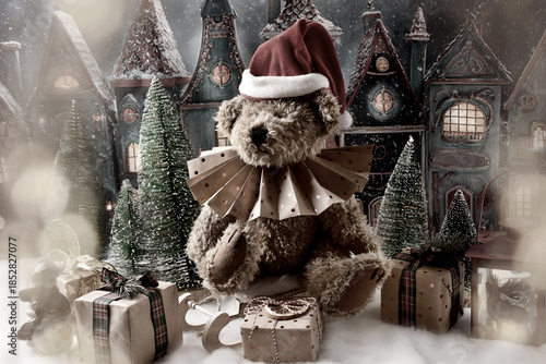 Vintage style teddy bear with paper ruff collar and Santa hat sitting in front of the old town with  color effect