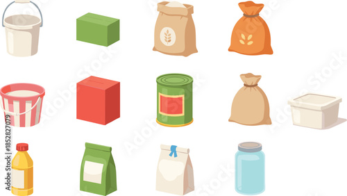 Food packaging vector illustration set with bags boxes jars cans bottles containers grocery product icons isolated flat design style collection