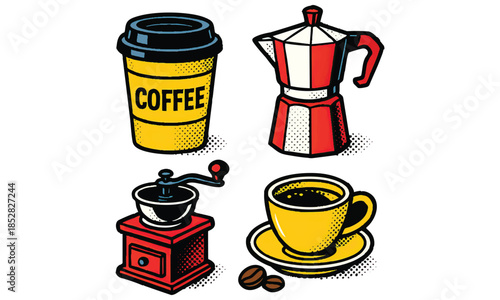 Coffee Icons Set - Takeaway Moka Pot Grinder Cup Beans Vector Illustration