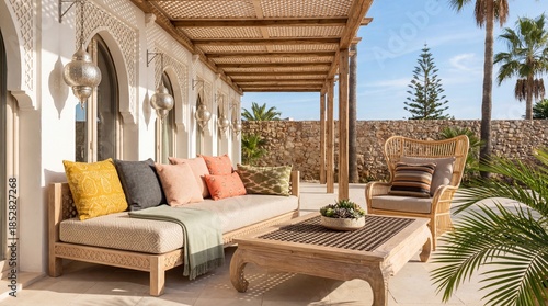 Stylish outdoor Mediterranean patio terrace with comfortable lounge sofa and decorative elements