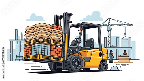 Forklift loading pallets of materials at a construction site