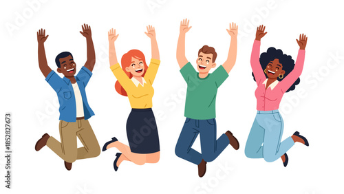 Four diverse people jumping with joy against a white background