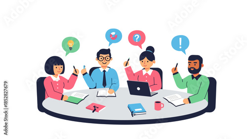 Four people at a round table in a meeting with idea bubbles