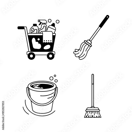 Vector set of cleaning icons featuring a shopping basket and delivery box symbol design for an online store button illustration