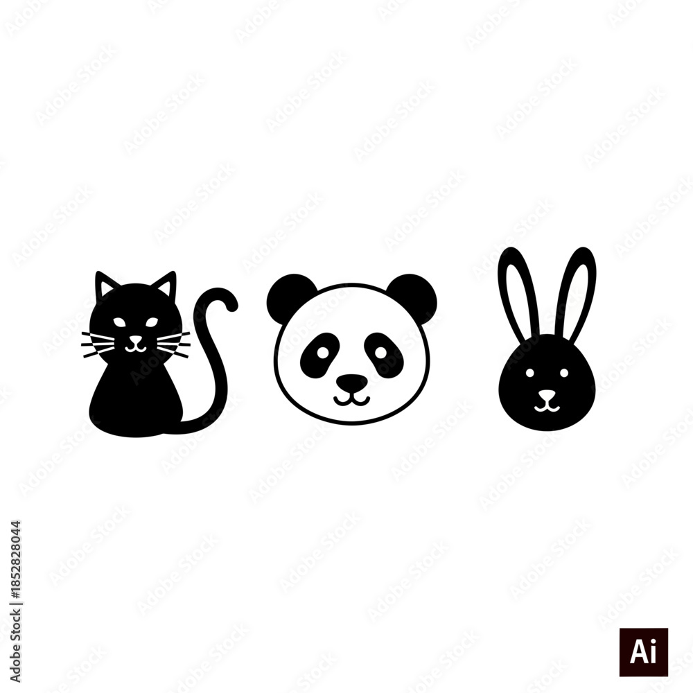 Obraz premium Adorable black and white animal icons featuring a playful cat, cute panda, and cheerful rabbit perfect for kids' designs