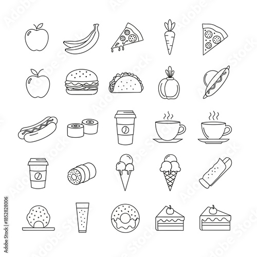 Appetizing food icons: Delicious pizza, burger, sushi, coffee, ice cream, and cake create a visually appealing culinary experience for any foodie