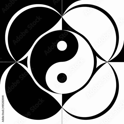 Dynamic modern yin yang symbol abstract geometric art design with flowing curves and sharp lines perfect for spiritual or wellness themes