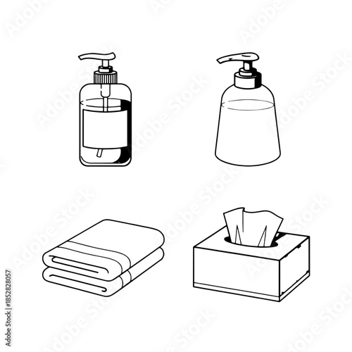 A set of cosmetic bottles featuring blue glass perfume spray containers and transparent lotion jars isolated on a white background for beauty and hygiene care