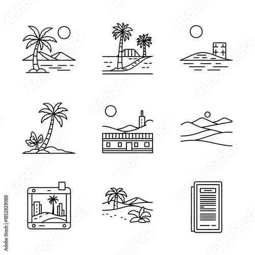 Serene minimalist line art landscapes capture peaceful island life, vacation dreams, and tranquil travel scenes for your next project.