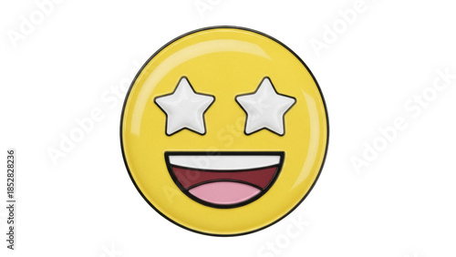 Yellow star eyes emoji PNG isolated on transparent background, happy face emoticon with stars for social media and design use
