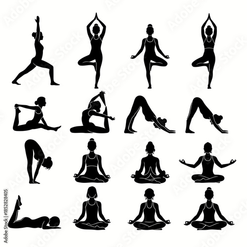 Dynamic collection of serene yoga poses demonstrating flexibility strength and mindfulness for wellness and fitness content