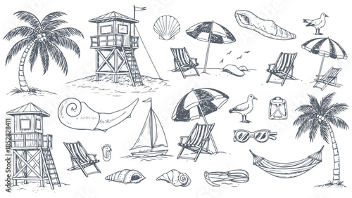 Beach scene with lifeguard tower and palm trees Vector, illustration