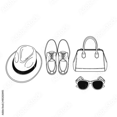 Stylish fedora hat, classic oxford shoes, chic handbag, and trendy sunglasses for a sophisticated look and fashionable ensemble.
