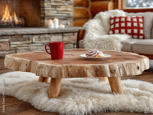 Cozy Scandinavian style living room in winter featuring a lit fireplace, a sheep skin rug, a rustic wooden coffee table and coffee and cinnamon rolls.