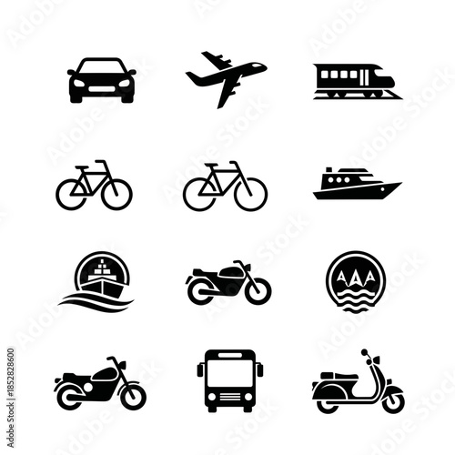 Dynamic collection of modern transportation icons showcasing diverse travel modes for business and lifestyle projects