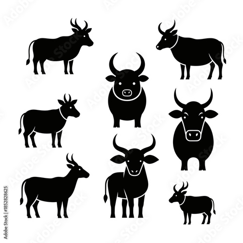 Captivating collection of diverse cattle silhouettes showcasing various breeds and poses for agricultural or design projects