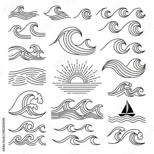Dynamic ocean waves and serene sunrise designs capture coastal beauty and maritime adventure for versatile design projects