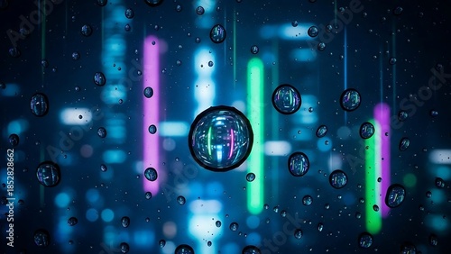 Neon lights and digital bubbles background.