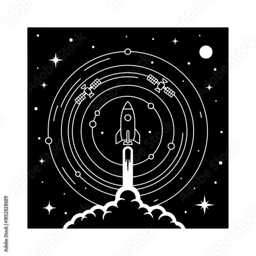 Dynamic rocket launch ascends through starry cosmos with orbital paths and satellites signaling innovation and future exploration