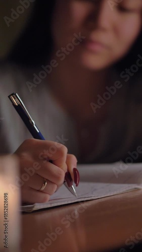 A young woman sitting at a table in her cozy home during the evening, thoughtfully writing in a notebook. Soft warm lighting creates an intimate and reflective atmosphere. Perfect for concepts of crea
