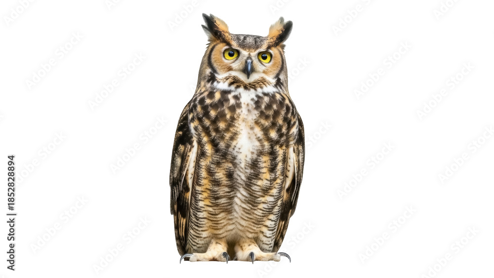 Fototapeta premium Great horned owl PNG isolated on transparent background, majestic bird of prey with yellow eyes and brown feathers, wildlife animal