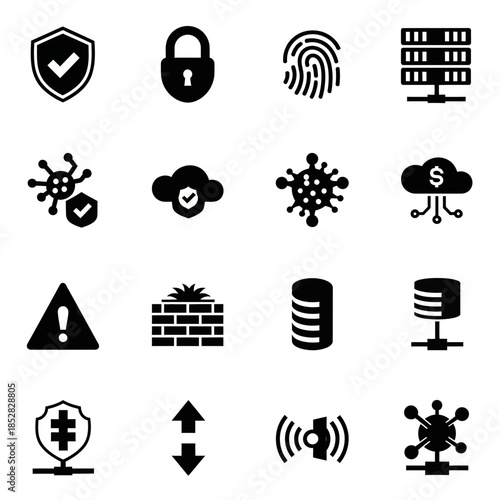 Modern digital security icons representing protection, access control, data, and network threats for innovative business solutions.