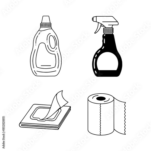 Hand drawn vector illustration set of kitchen utensils and tool icons featuring isolated glass bottles and food containers in a cartoon art style