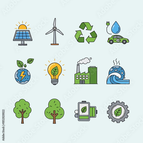 Vibrant eco-friendly icons showcasing renewable energy, sustainability, and environmental protection concepts for modern businesses