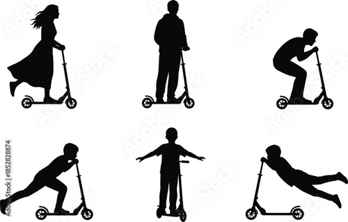 Scooter rider silhouette vector illustration set showing kids and adults riding kick scooters, urban transportation activity poses isolated black design