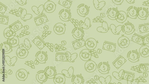 Background pattern featuring money hearts and recycle symbols. Suitable for ecofriendly financial presentations and sustainable marketing campaigns. Ideal for greenthemed designs.
