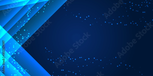 Blue abstract background with glowing particles and diagonal geometric shapes for technology banner