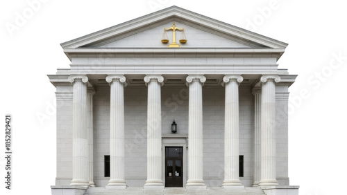 Classical courthouse building isolated PNG, government architecture with columns and scales of justice on transparent background