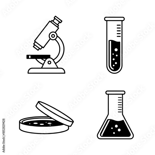 Vector illustration of a chemistry laboratory icon set featuring blue scientific glassware including a test tube, flask, and beaker for medical research and liquid chemical analysis isolated on white