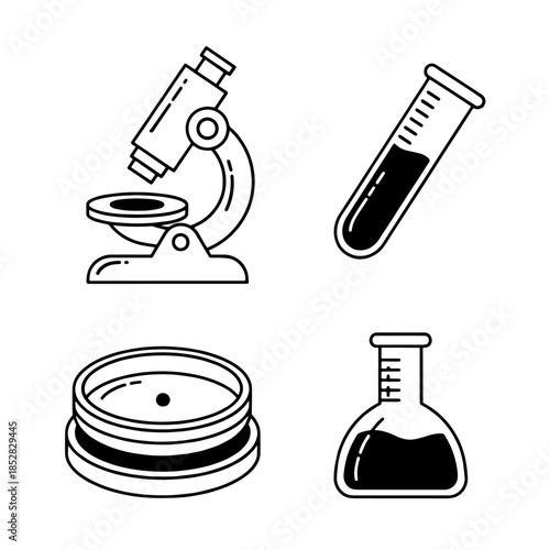 Science and chemistry icons set featuring laboratory equipment such as a glass bottle, plastic container, and red liquid vector symbols isolated on a white background illustration