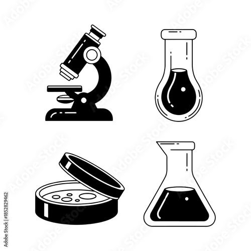 Scientific vector illustration of a microscope and laboratory equipment featuring chemical glassware like flasks, test tubes, and beakers for medical research and biology experiments isolated on white