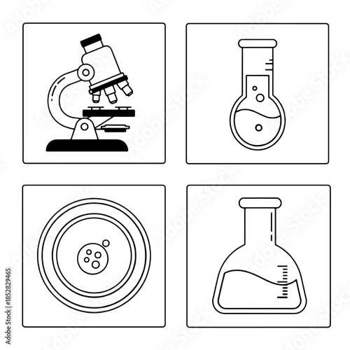 A professional vector illustration set of scientific chemistry icons featuring laboratory glassware like flasks, beakers, and test tubes used for medical research and chemical experiments