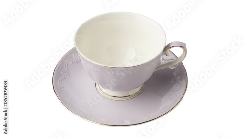 Bilde på lerret Elegant light purple teacup and saucer isolated PNG, vintage style porcelain tab