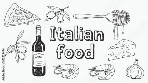 Delicious italian food with wine and ingredients Vector, illustration