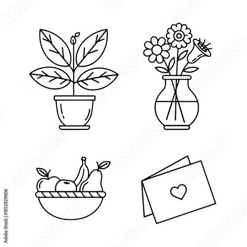 Vector illustration of a floral set featuring a spring garden tree with blossoms and various potted plant icons for nature design