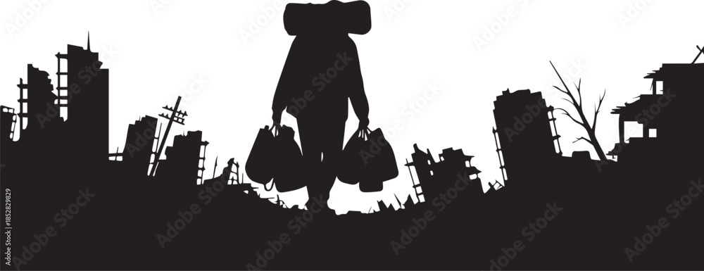 Obraz premium Silhouette of Survivor Walking Through Ruined City After Apocalypse
