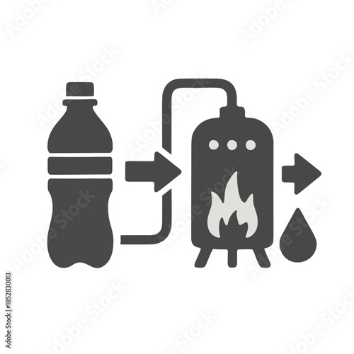 Icon Plastic-to-Fuel Conversion: A plastic bottle going into a reactor and coming out as a fuel droplet.