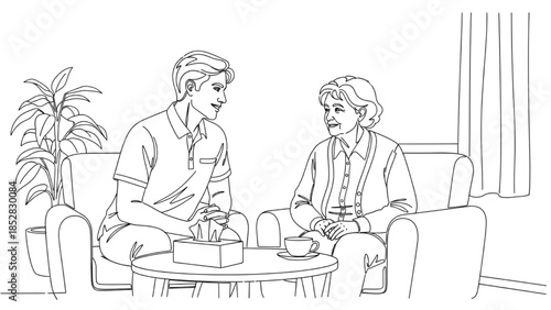 High-quality black continuous line art of therapist talking with senior during emotional counseling, mental health support, elderly care, psychotherapy, healthcare wellness illustration