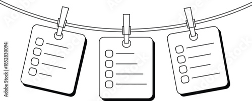 Three Checklists Hanging on a Clothesline with Clothespins