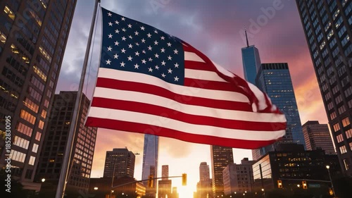 American flag waving in front of modern city skyline at sunset