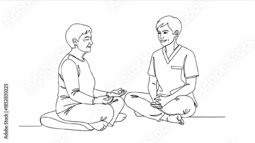 High-quality black continuous line art of senior doing relaxation breathing exercises guided by therapist, stress relief, mindfulness, elderly wellness, healthcare illustration