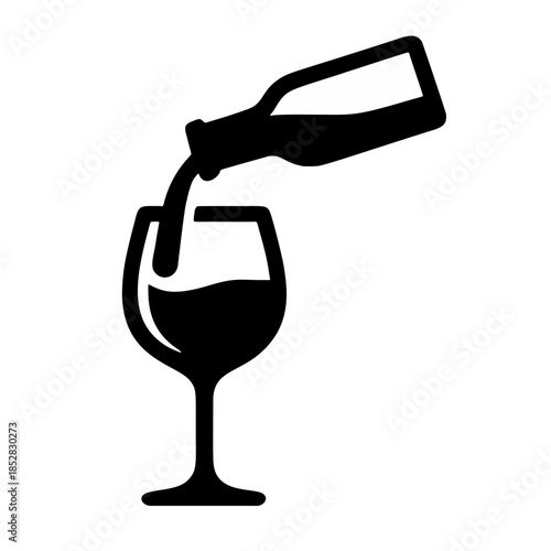 A crystal wineglass filled with red wine sits beside a bottle for an isolated celebration beverage icon